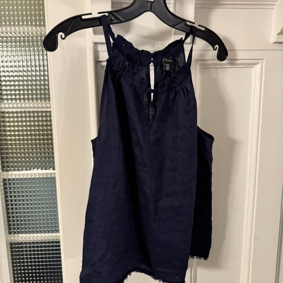 SAKS FIFTH AVENUE Women’s Navy Blue 100% Linen Halter Keyhole Neckline Top Sz M - Picture 2 of 9
